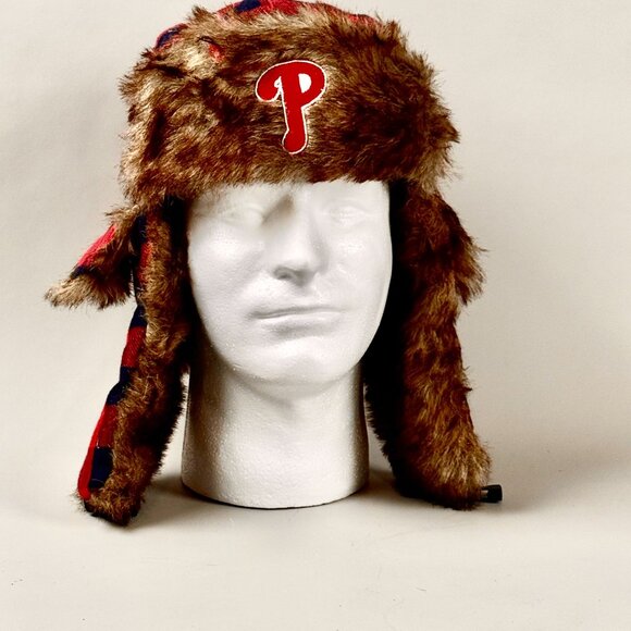 MLB Philadelphia Phillies Plaid Trapper Hat W/ Faux Fur Lining w/ Ear Flaps - Picture 1 of 7